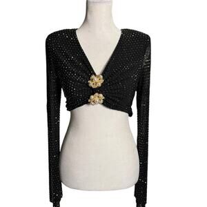 Self Portrait Mesh Rhinestone Embellished Cropped Top 0